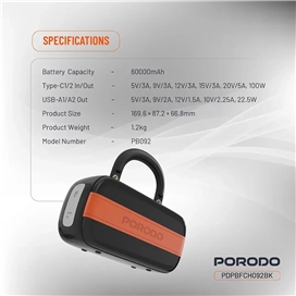 پاوربانک 100وات 60000 پرودو Porodo Sway power bank PDPBFCH092BK