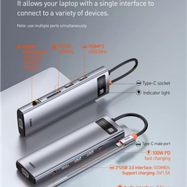 هاب 11 پورت بیسوس Baseus CAHUB-CT0G Metal Gleam B00030709811-00 توان 100 وات