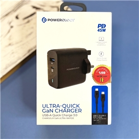 آداپتور شارژر فست 45 وات پاورولوژیPOWEROLOGY به همراه کابل Type-C مدل PWCUQC004