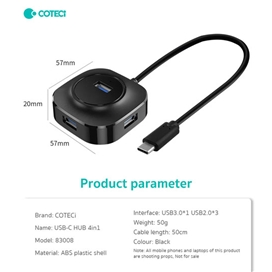 هاب تایپ سی 4 پورت کوتسی Coteci Universal Type C 4in1 Hub 83008