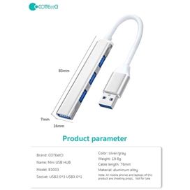 هاب چهار پورت یو اس بی کوتسی Coteetci 4in1 4 port usb2.0*3 usb3.0*1 HUB 83003-TS