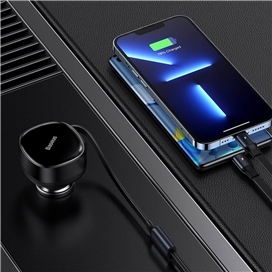 شارژر فندکی همراه با کابل 2 در 1 جمع شونده بیسوس Baseus Enjoyment Retractable 2in1 C0003550111