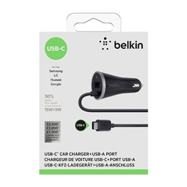 شارژر فندکی بلکین با کابل USB-C و پورت USB-A توان 15w+5w