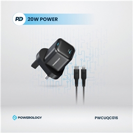 آداپتور شارژ 20 وات با کابل دو سر تایپ سی پاورولوژی Powerology Ultra-Compact GaN Charger PWCUQC016-C