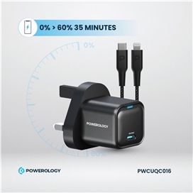 آداپتور شارژ 20 وات با کابل دو سر تایپ سی پاورولوژی Powerology Ultra-Compact GaN Charger PWCUQC016-C