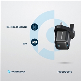 آداپتور شارژ 20 وات با کابل دو سر تایپ سی پاورولوژی Powerology Ultra-Compact GaN Charger PWCUQC016-C