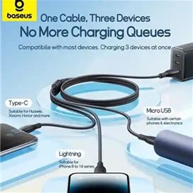کابل سه سر 1.3 متر بیسوس Baseus 3.5A Ultra-Fast Charging Cable CB000161