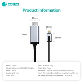کابل HDMI به لایتنینگ کوتتسی Coteetci 33024 طول 1.8 متر