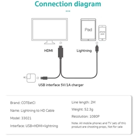 کابل HDMI به لایتنینگ کوتتسی Coteetci 33021 طول 2 متر
