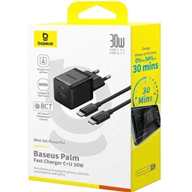 آداپتور شارژ دو پورت 30 وات با کابل Baseus Palm Fast Charger 30W Type-C+USB CCZC30UE