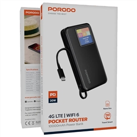 مودم جیبی و پاوربانک 10000 پرودو Porodo 4G LTE|WiFi 6 Pocket Router with Power Bank PDPBFCH087BK
